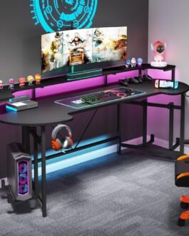 Gaming Computer Desk with LED Strip & Monitor Shelf