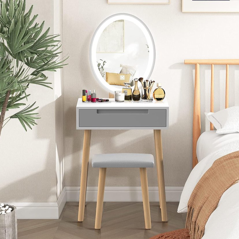 Vanity Table Set with Mirror and Matching Stool