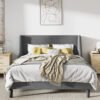 Wingback Upholstered Platform Bed Frame