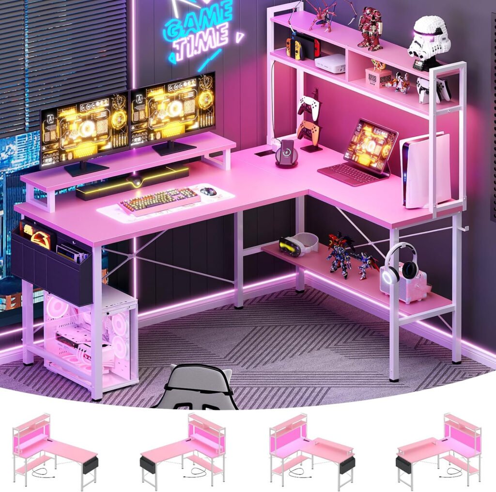Aheaplus L Shaped Gaming Desk with Power Outlets